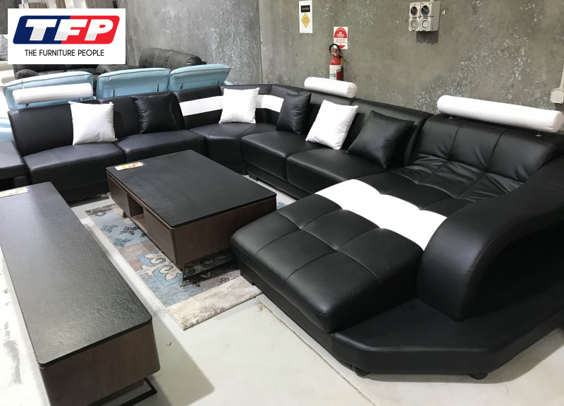 Octavia 6 Seater Leather Lounge Suite with Chaise + Side Table